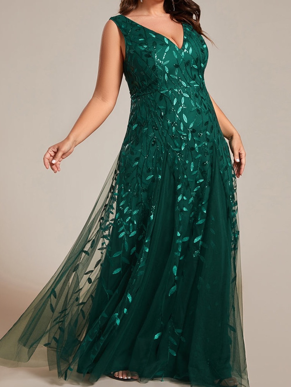 Ever Pretty Emerald Green V-Neck Leaf Embroidery Sequin Tulle Gown 10, 14